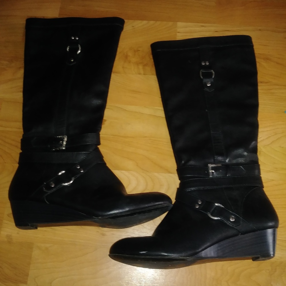 Black Faux Leather Wedge Boots Knee High Like New!